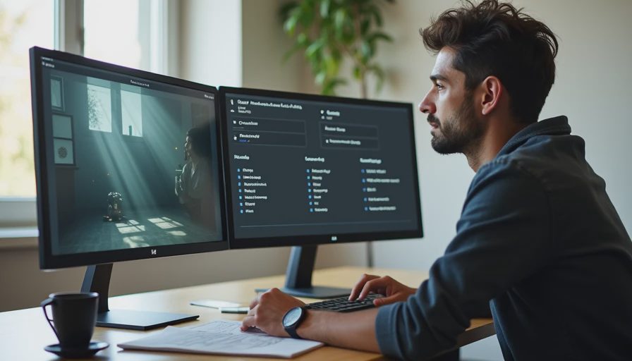 A documentary photo of a designer looking frustrated at a monitor displaying an overcrowded, overly atmospheric AI image where the product lost its geometric fidelity.