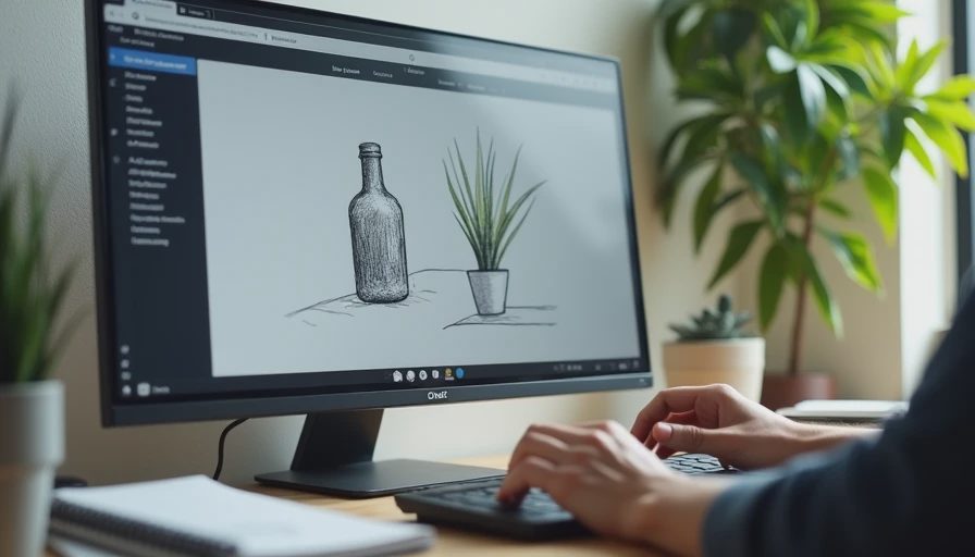 A documentary photo of a designer typing conversational steering commands into ChatGPT on a monitor to rapidly adjust lighting and composition.