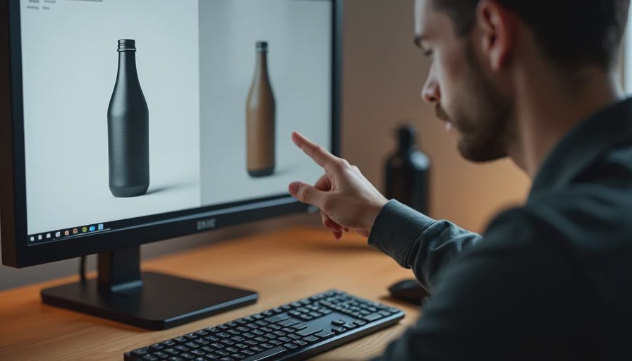 Documentary photo showing a frustrated designer pointing at a screen comparing the drifted, glossy result against the intended matte ceramic reference object.