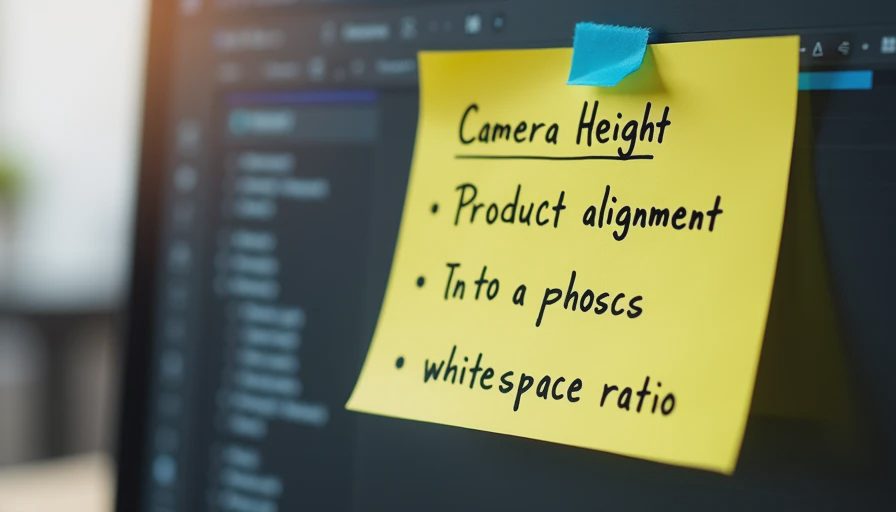 Documentary photo of a yellow sticky note with strict composition layout rules attached to the edge of a computer monitor in a workspace.