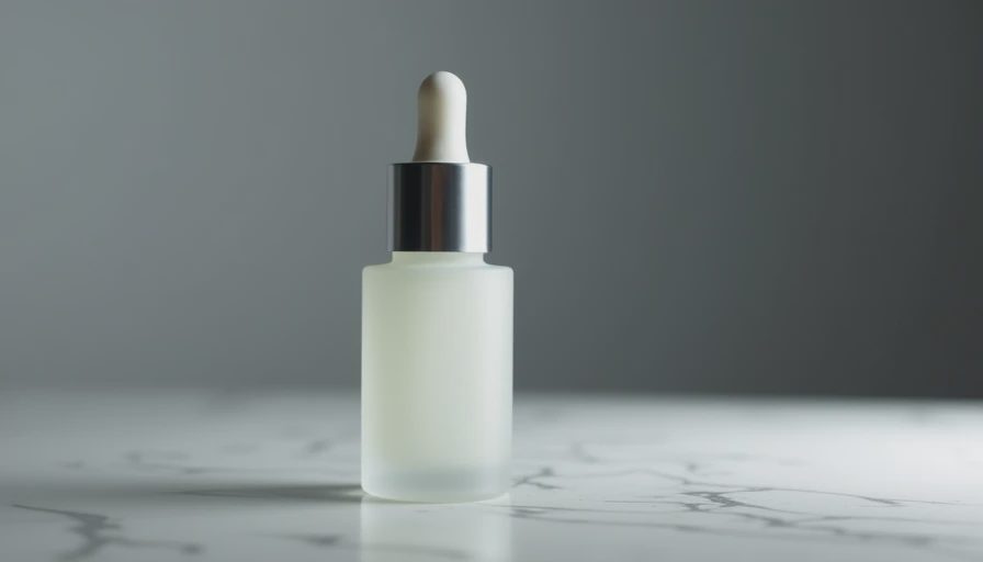 A detailed documentary shot of the standardized frosted glass serum bottle with a label under soft, even studio lighting.