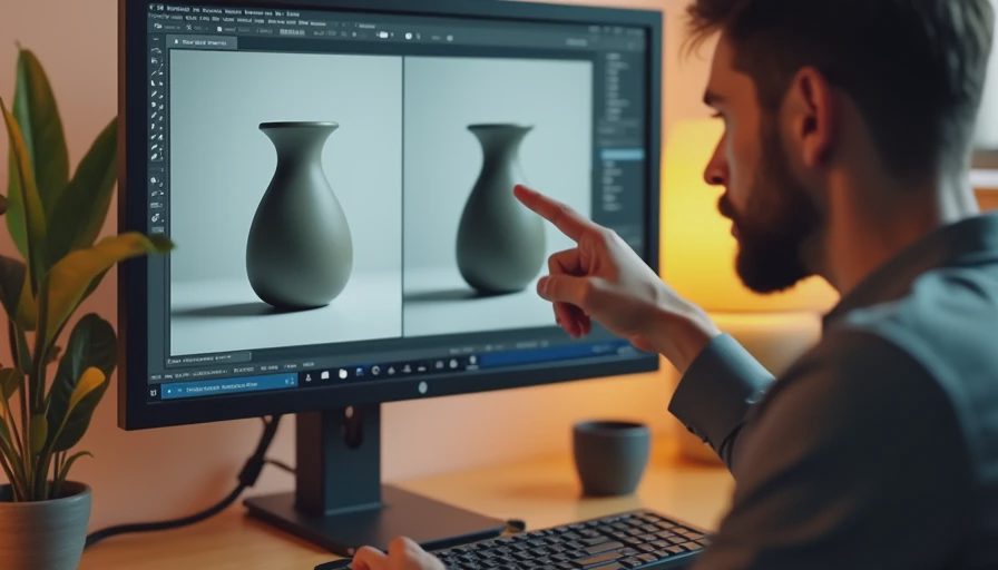 Documentary photo showing a frustrated designer pointing at a screen comparing the drifted, glossy result against the intended matte ceramic reference object.