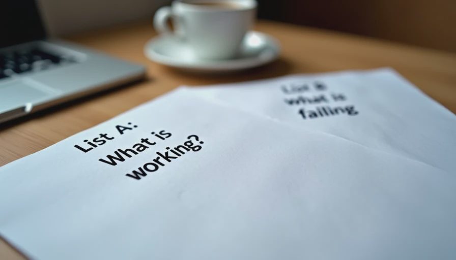 Documentary photo showing two side-by-side paper notes on a desk labeled List A for working elements and List B for failing technical constraints.