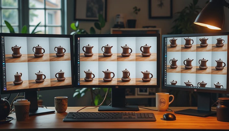Documentary photo showing a grid of multiple failed product photo prints where object placement and camera heights drift inconsistently across the set.