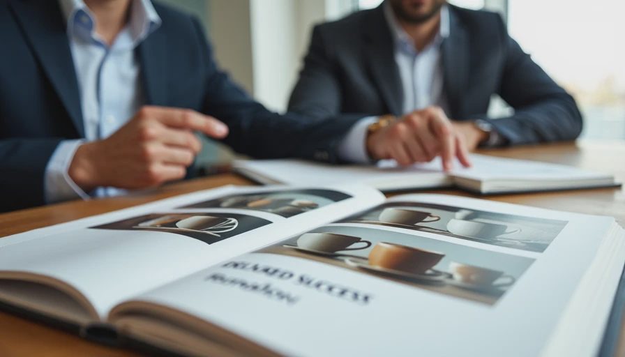 A documentary-style shot capturing a professional physical portfolio book open, displaying ten high-quality, consistent lifestyle product images of ceramic pour-over sets, with a client representative smiling and touching the page, indicating a successful deliverable.