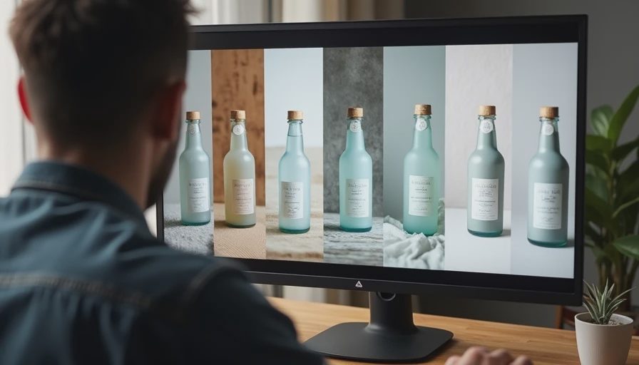 A documentary view of a designer reviewing a consistent grid of five perfect product variations generated by Flux across different backgrounds.