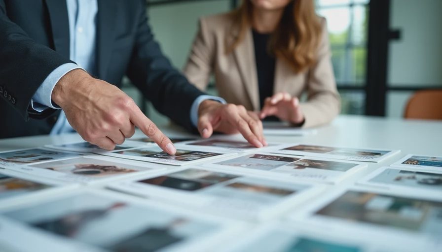 A documentary shot of a design presentation on a conference table, showing categorized moodboard territories being discussed by a designer and a client.