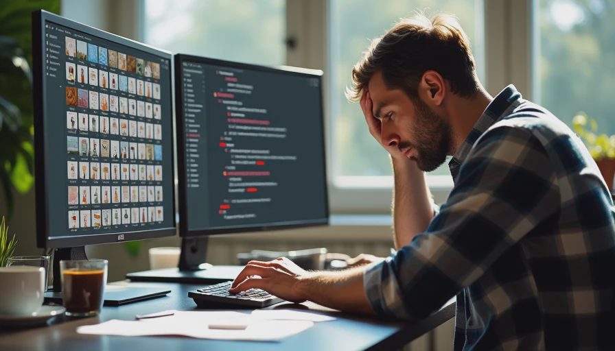 A documentary photo of a exhausted freelance designer with head in hands, looking at two monitors. The left screen shows a folder of dozens of inconsistent AI-generated product image thumbnails, and the right screen shows a long list of client revision notes in red text.
