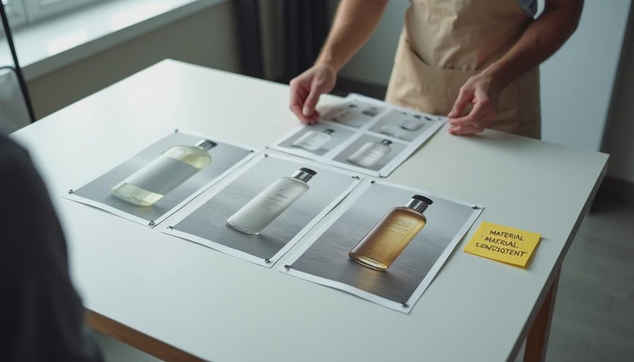 A documentary photo capturing a physical review board with three printed AI images of the same product concept pinned up, visibly showing inconsistent lighting, bottle geometry, and material textures across the series, with a production team member reviewing them with a confused expression.