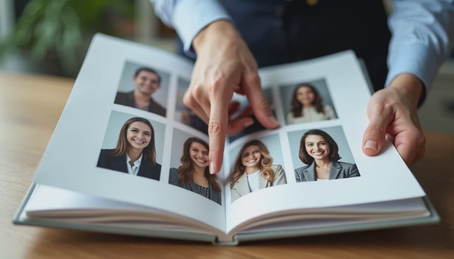 A documentary-style shot of a professional portfolio book open, displaying a consistent set of six character variations that hold facial identity across posts.