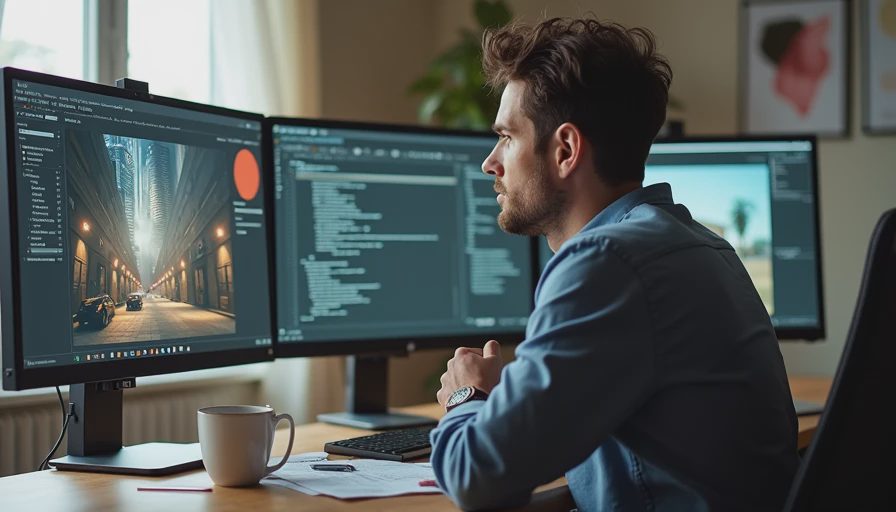 A documentary photo of a designer looking frustrated at a monitor displaying an overcrowded AI image filled with unwanted cinematic details and background elements.