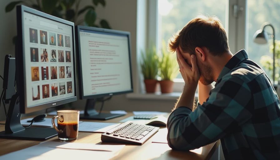 A documentary photo of a exhausted freelance designer with head in hands, looking at two monitors. The left screen shows a folder of dozens of inconsistent AI-generated product image thumbnails, and the right screen shows a long list of client revision notes in red text.