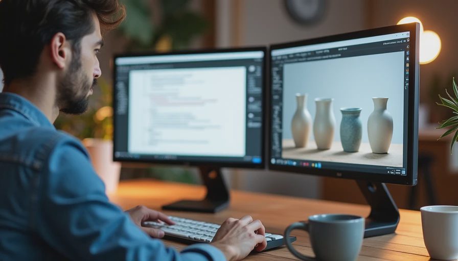 Documentary photo showing a designer working with a debugging checklist on a dual-monitor setup, comparing product variations during a prompt troubleshooting session.