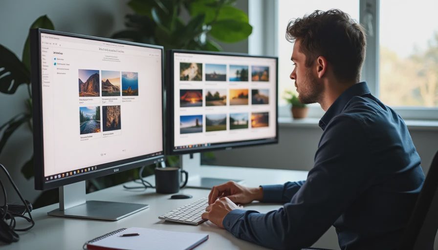 A documentary photo of a designer working on a monitor displaying structured batch generation grids and a consistent four-prompt foundation block.
