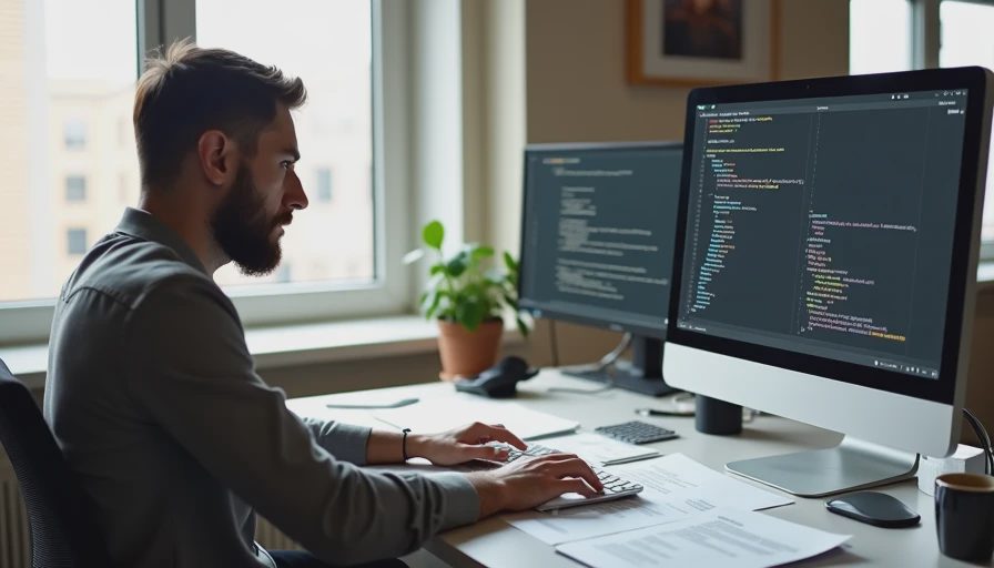 A documentary photo of a designer frowning at a monitor filled with a massive, overloaded text prompt, working at a cluttered desk with printed proofs.