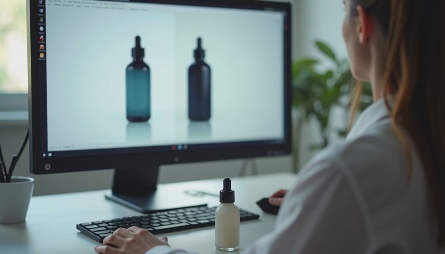 Documentary photo of a designer comparing an unstable AI product grid on screen against a single, perfectly locked physical product on the desk.