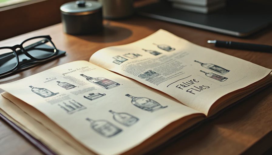 A documentary-style photo of an open manila folder containing printed AI-generated luxury concept fails, serving as a reminder of structural mistakes.