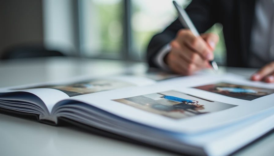 A documentary-style shot of a professional portfolio book open, displaying clean e-commerce ad layouts with well-reserved negative space for headlines, in a bright studio.
