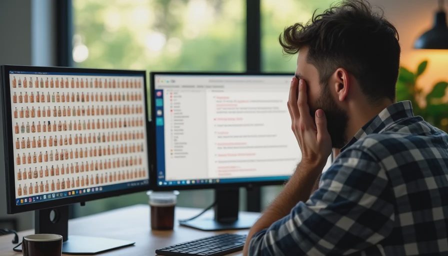 A documentary photo of a exhausted freelance designer with head in hands, looking at two monitors. The left screen shows a folder of dozens of inconsistent AI-generated product image thumbnails, and the right screen shows a long list of client revision notes in red text.
