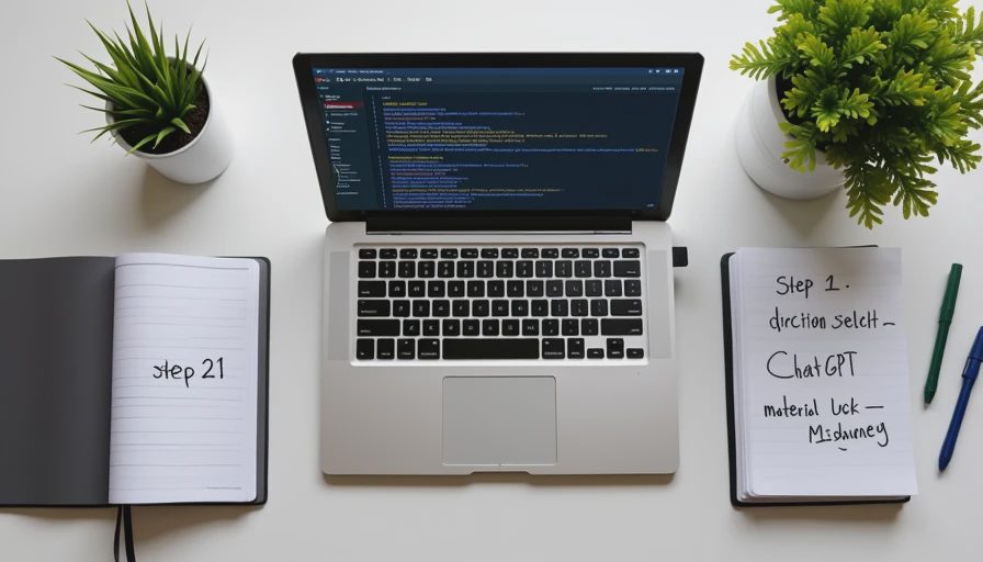 A documentary top-down photo of a structured workflow combining conversational direction tools and high-fidelity generation tools on a desk.