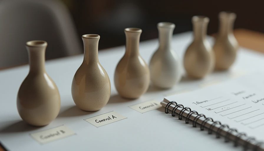 Documentary photo of a controlled test layout with five small product renders scored on a desk, showing a structured workflow to verify AI updates.