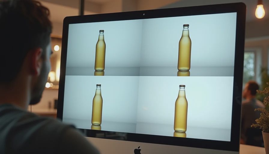 A documentary view of a designer reviewing a consistent grid of product variations generated by Flux across different backgrounds.