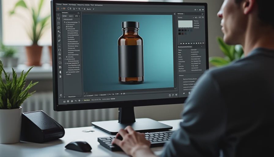 A documentary photo of a designer working on a monitor displaying a detailed close-up of a matte vitamin bottle to lock product geometry.