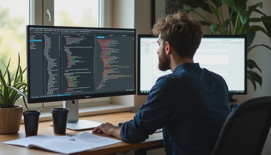 A documentary photo of a designer looking frustrated at a monitor displaying an unstable material render, next to a text editor filled with an overly long prompt.