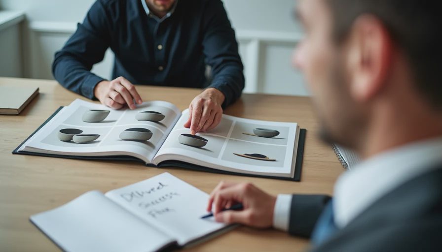 A documentary-style shot capturing a professional physical portfolio book open, displaying ten high-quality, consistent lifestyle product images of ceramic pour-over sets, with a client representative smiling and touching the page, indicating a successful deliverable.